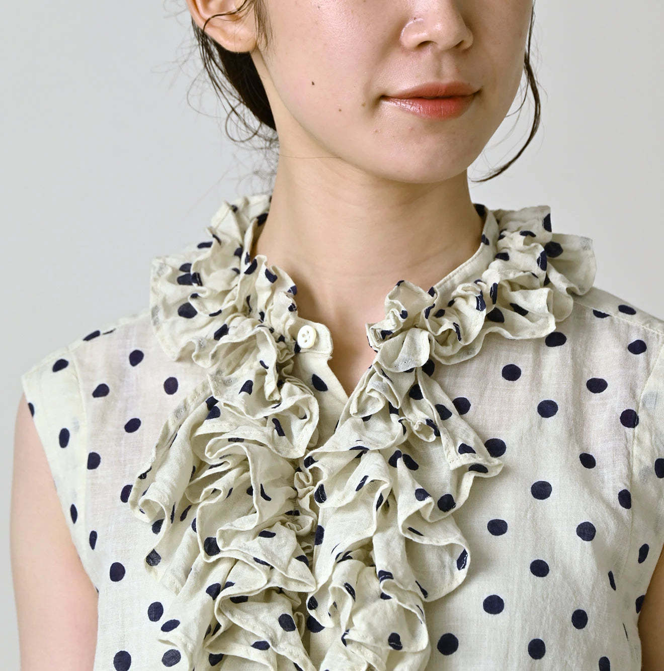 Gauze Polka Dots Print Frill Sleeveless Top