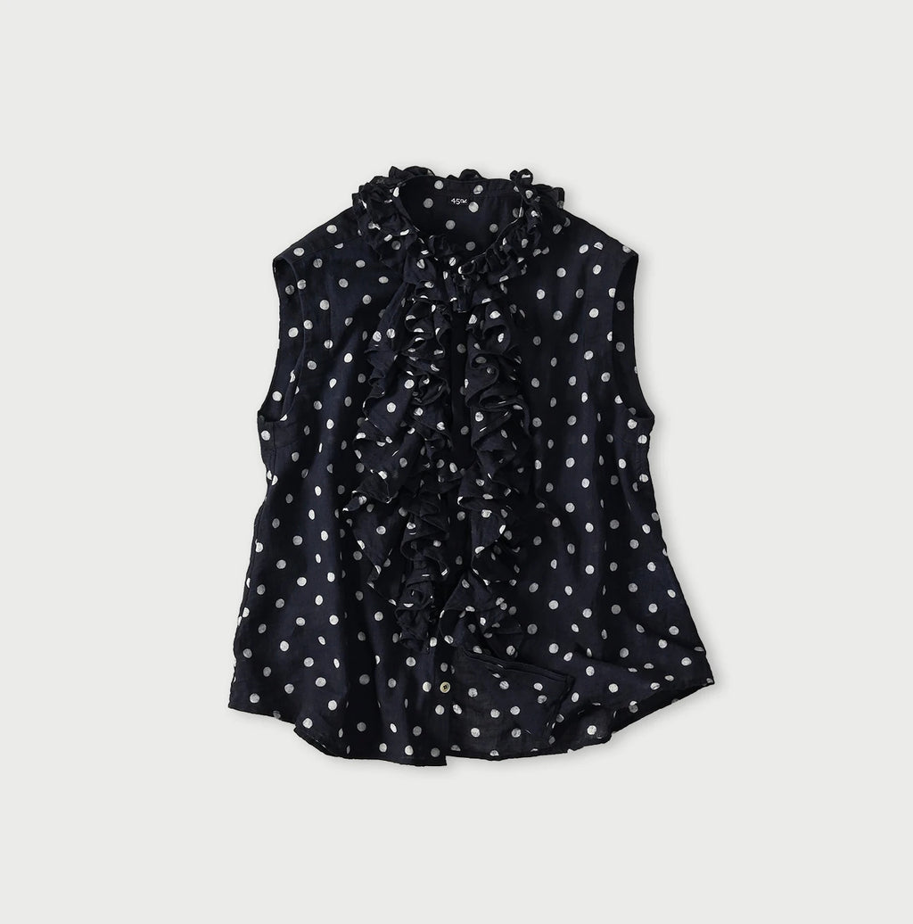 Indigo Gauze Polka Dots Print Frill Sleeveless Top