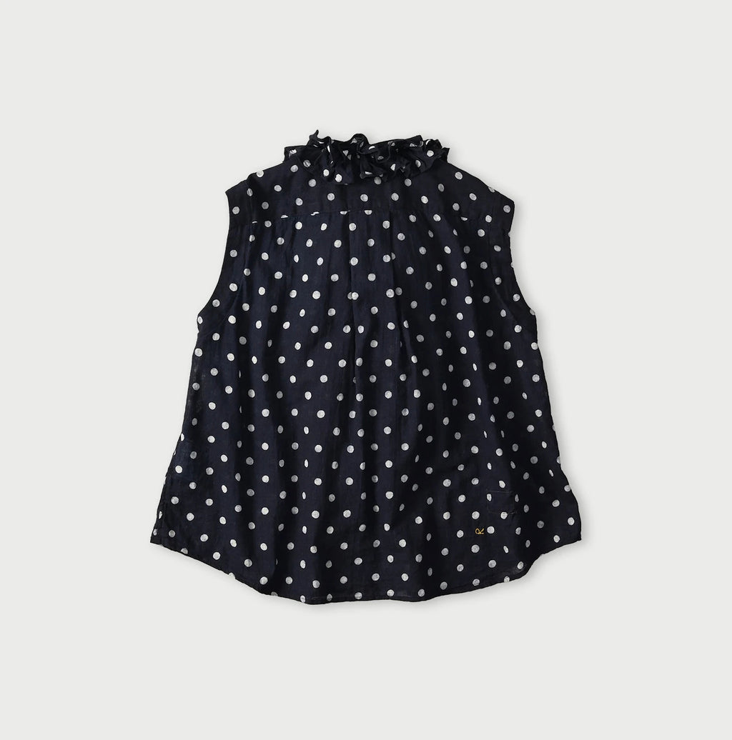 Indigo Gauze Polka Dots Print Frill Sleeveless Top