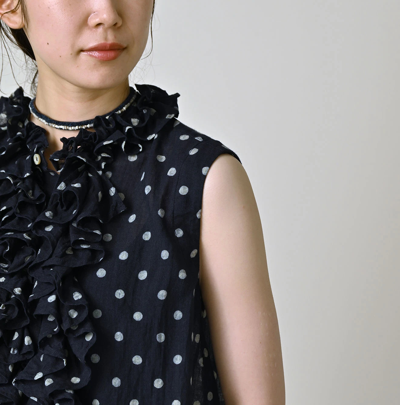 Indigo Gauze Polka Dots Print Frill Sleeveless Top
