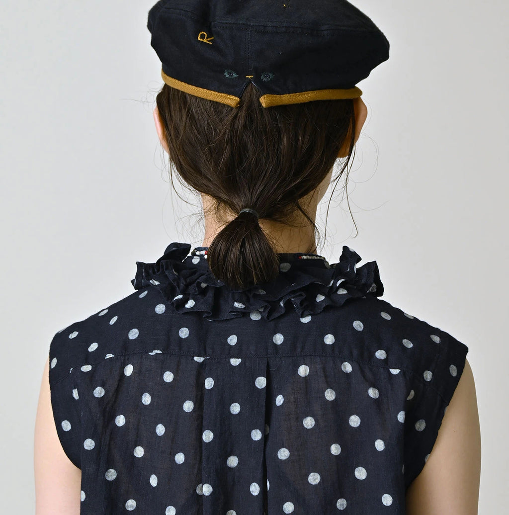 Indigo Gauze Polka Dots Print Frill Sleeveless Top