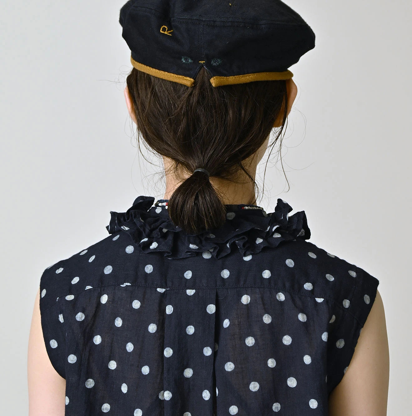 Indigo Gauze Polka Dots Print Frill Sleeveless Top
