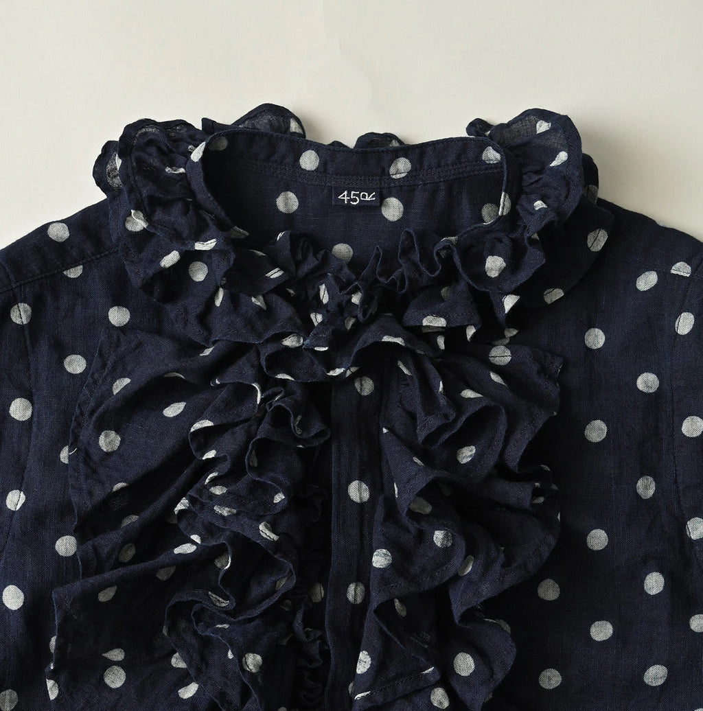 Indigo Gauze Polka Dots Print Frill Sleeveless Top