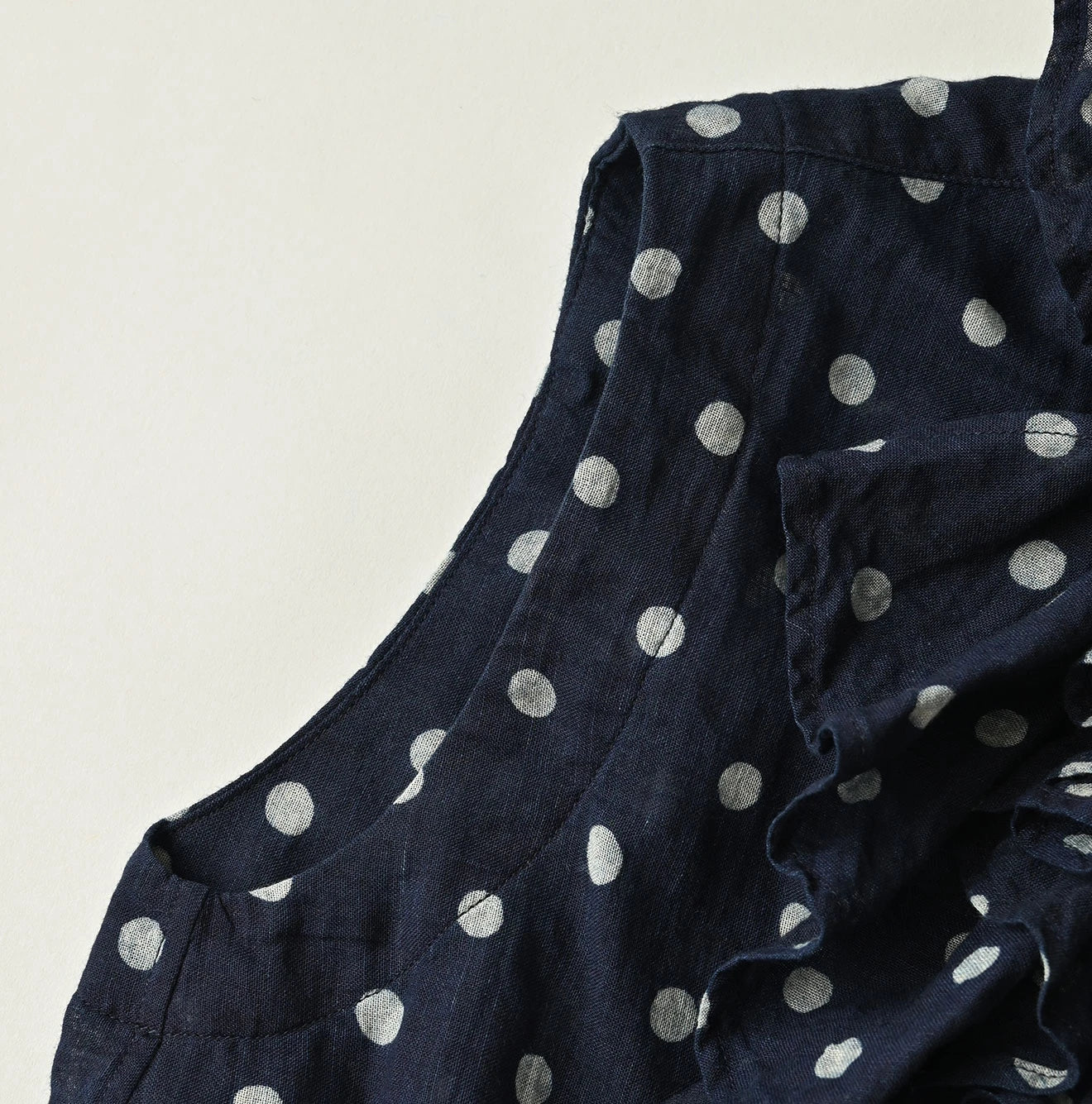 Indigo Gauze Polka Dots Print Frill Sleeveless Top