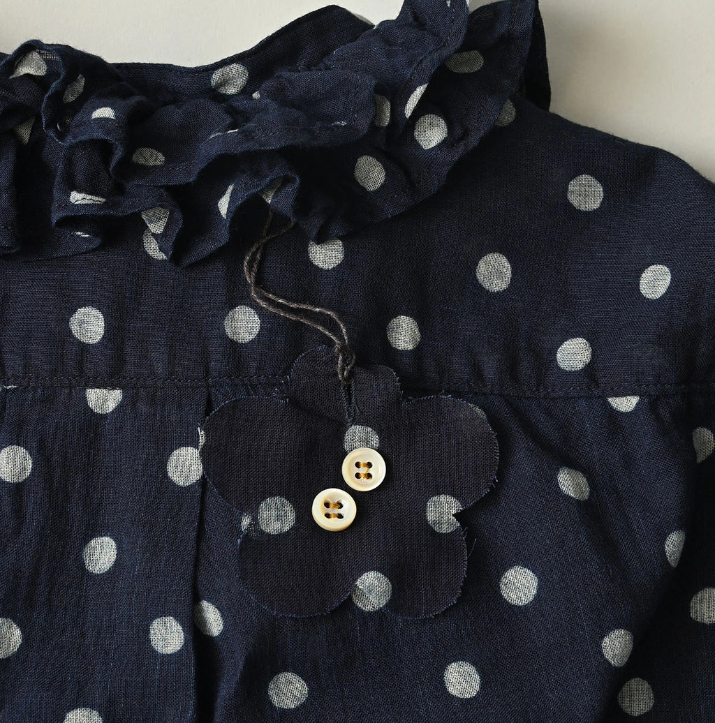 Indigo Gauze Polka Dots Print Frill Sleeveless Top
