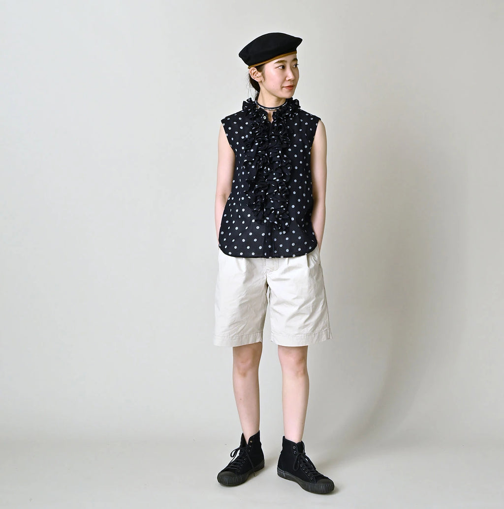 Indigo Gauze Polka Dots Print Frill Sleeveless Top