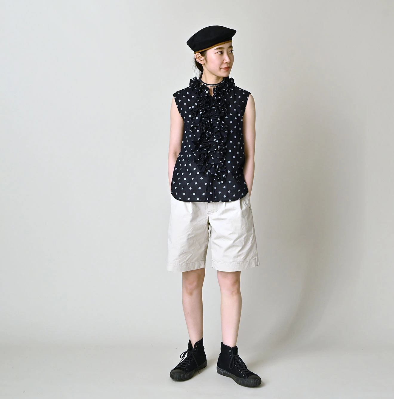 Indigo Gauze Polka Dots Print Frill Sleeveless Top