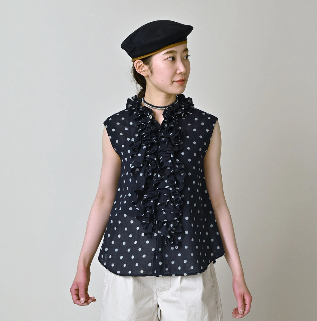 Indigo Gauze Polka Dots Print Frill Sleeveless Top