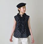 Indigo Gauze Polka Dots Print Frill Sleeveless Top