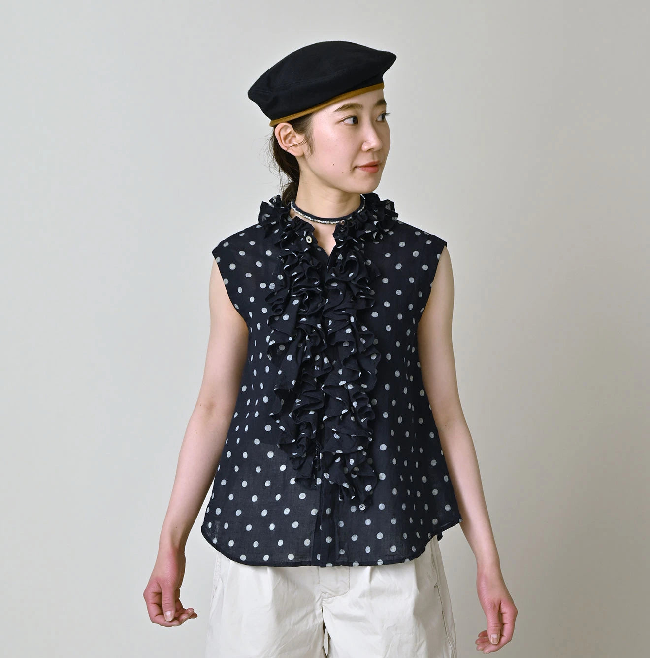 Indigo Gauze Polka Dots Print Frill Sleeveless Top