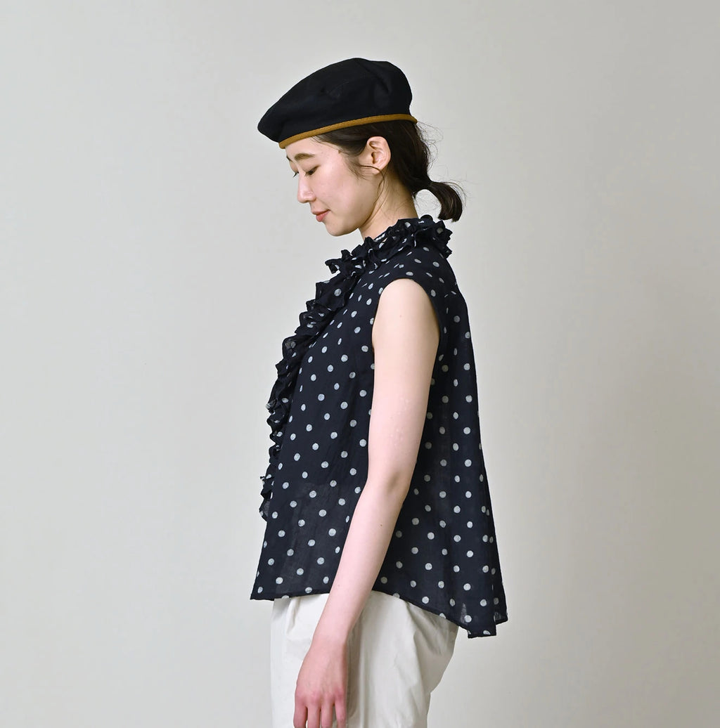 Indigo Gauze Polka Dots Print Frill Sleeveless Top