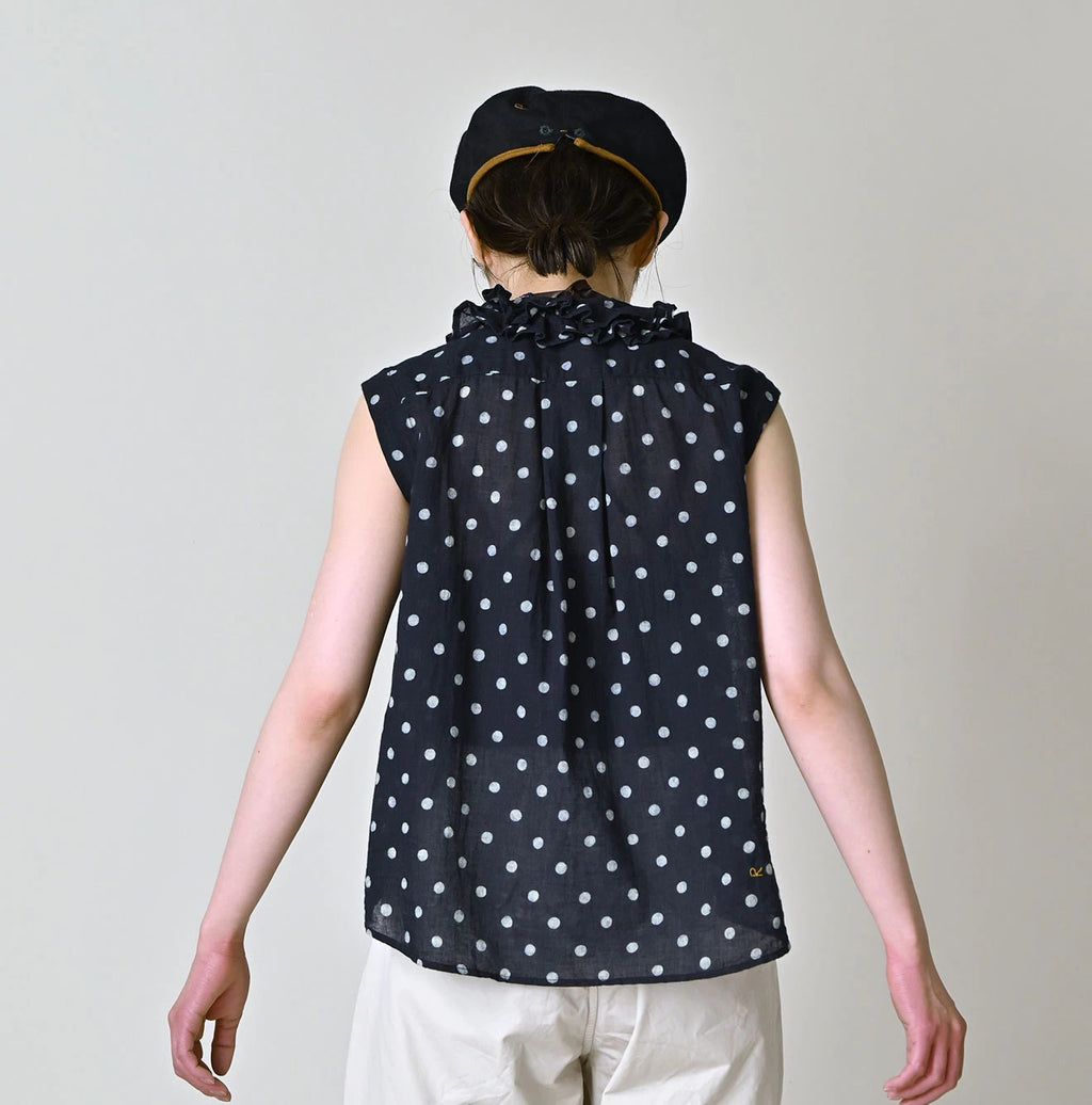 Indigo Gauze Polka Dots Print Frill Sleeveless Top