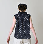 Indigo Gauze Polka Dots Print Frill Sleeveless Top