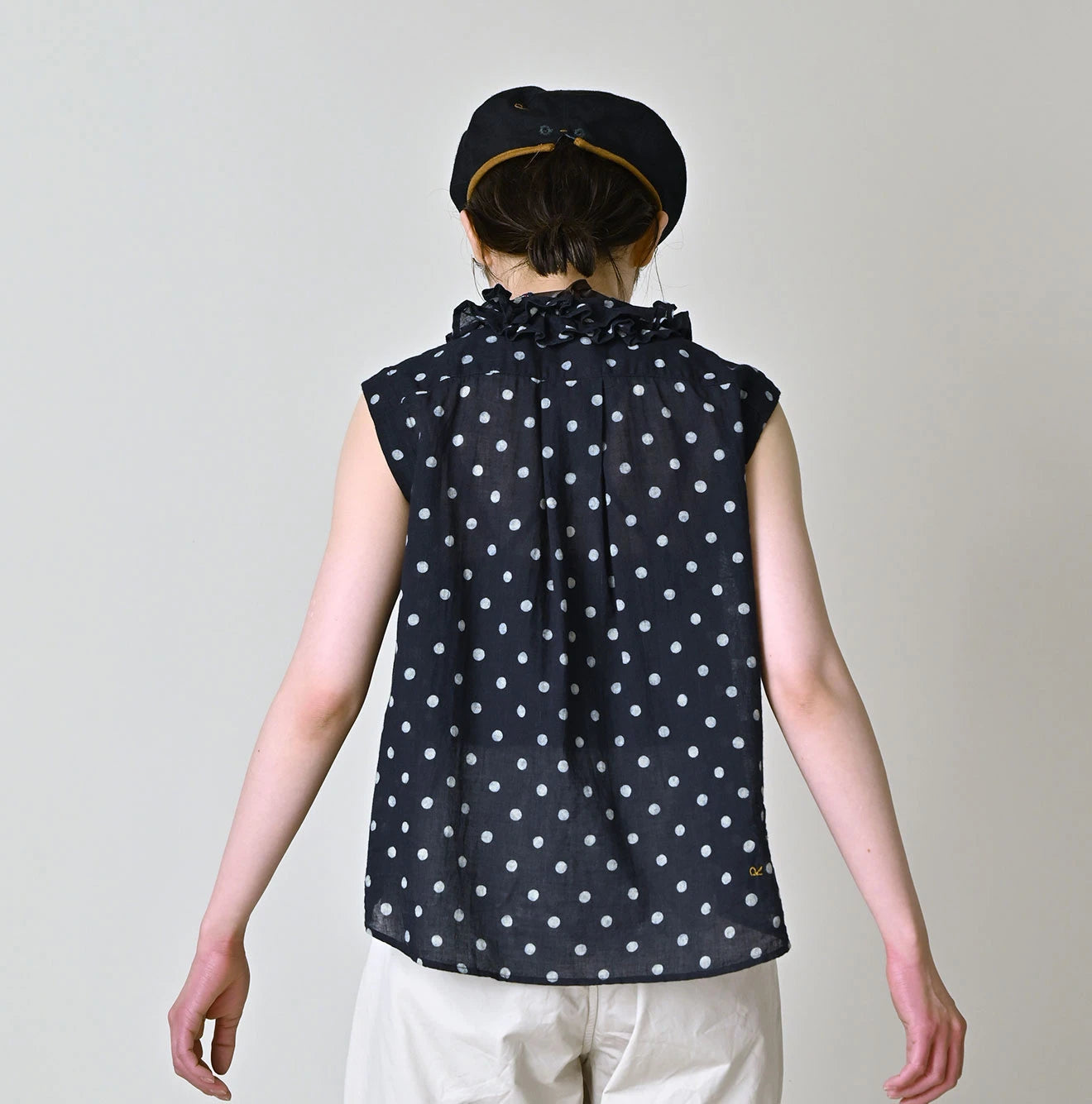 Indigo Gauze Polka Dots Print Frill Sleeveless Top