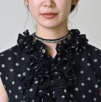 Indigo Gauze Polka Dots Print Frill Sleeveless Top