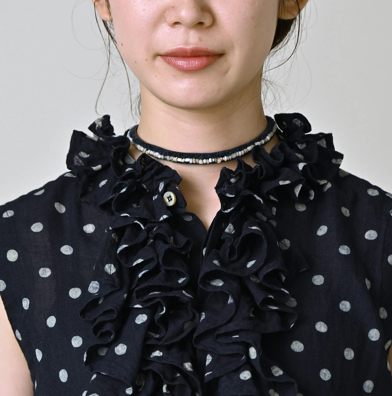 Indigo Gauze Polka Dots Print Frill Sleeveless Top