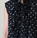 Indigo Gauze Polka Dots Print Frill Sleeveless Top