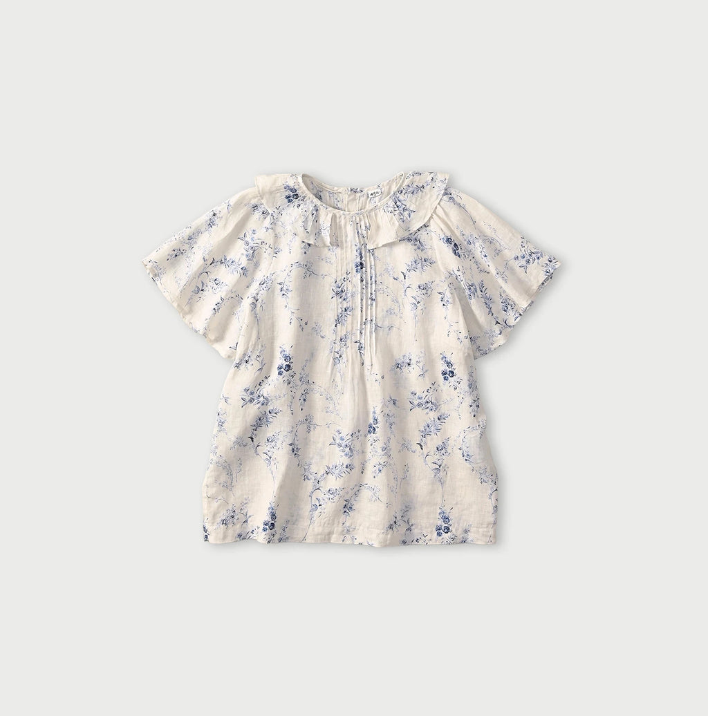 Linen Breezy Campanula Print Tuck Collar Blouse