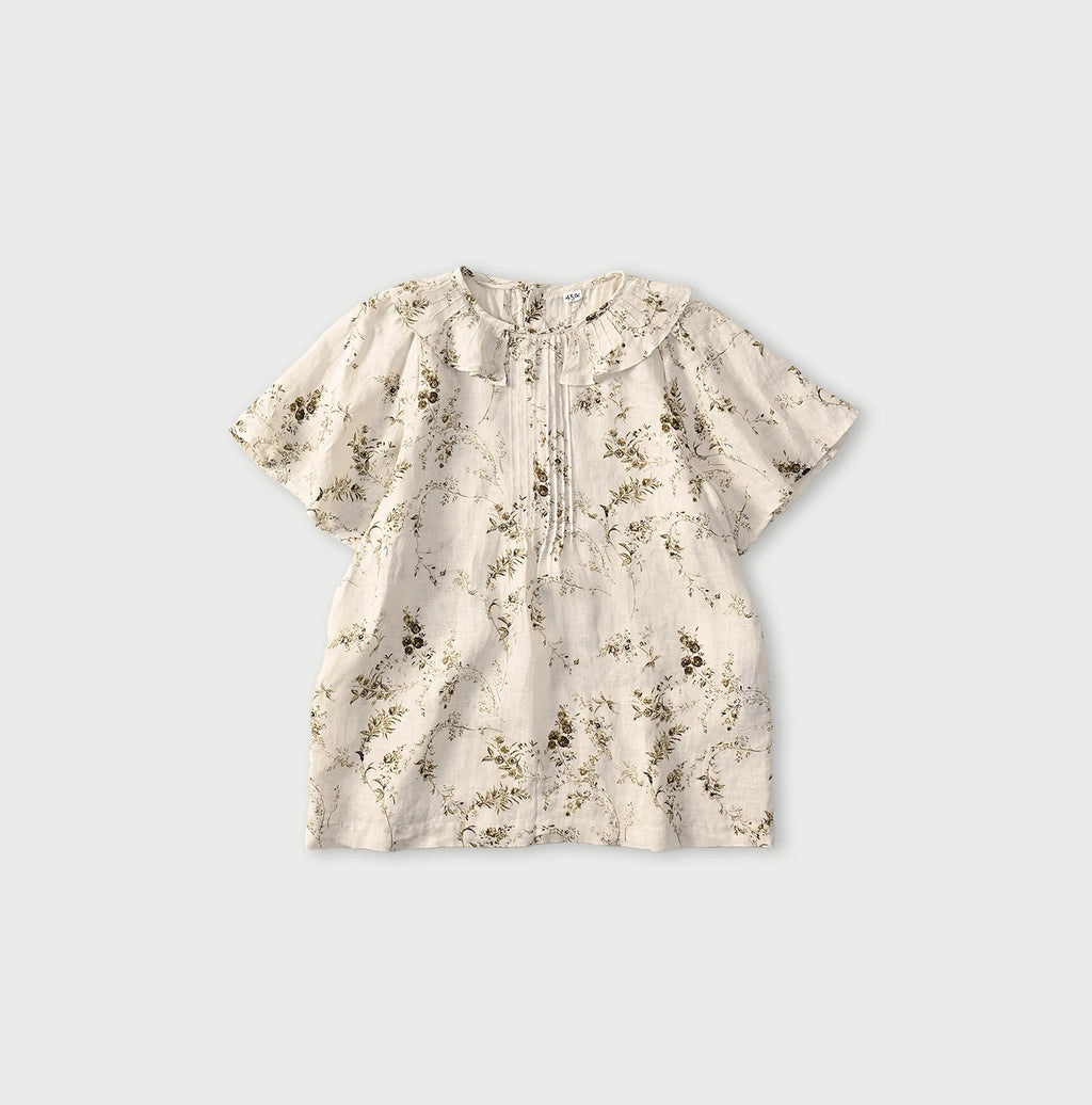 Linen Breezy Campanula Print Tuck Collar Blouse