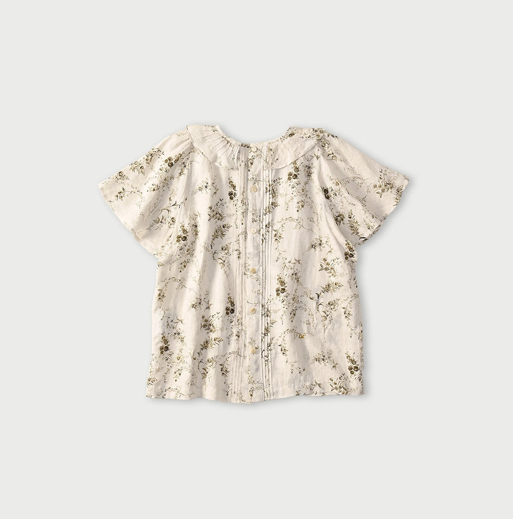 Linen Breezy Campanula Print Tuck Collar Blouse