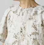 Linen Breezy Campanula Print Tuck Collar Blouse
