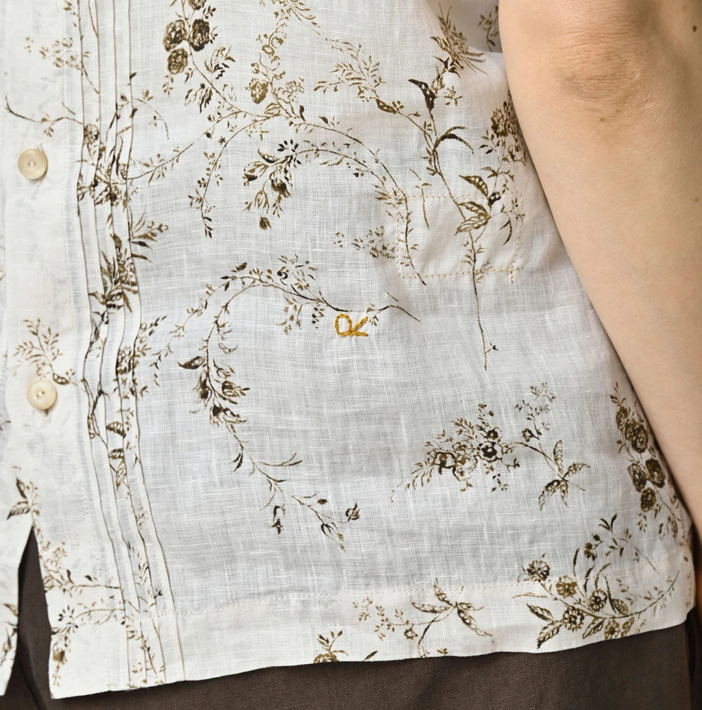 Linen Breezy Campanula Print Tuck Collar Blouse