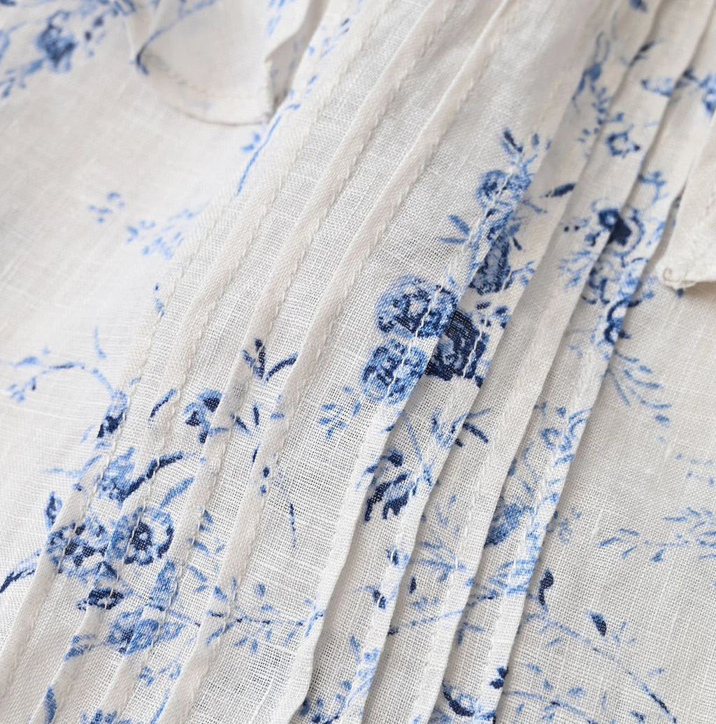 Linen Breezy Campanula Print Tuck Collar Blouse