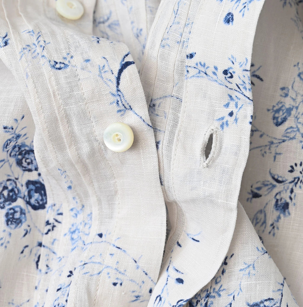 Linen Breezy Campanula Print Tuck Collar Blouse