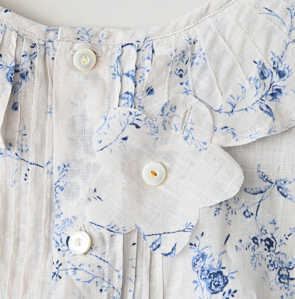 Linen Breezy Campanula Print Tuck Collar Blouse