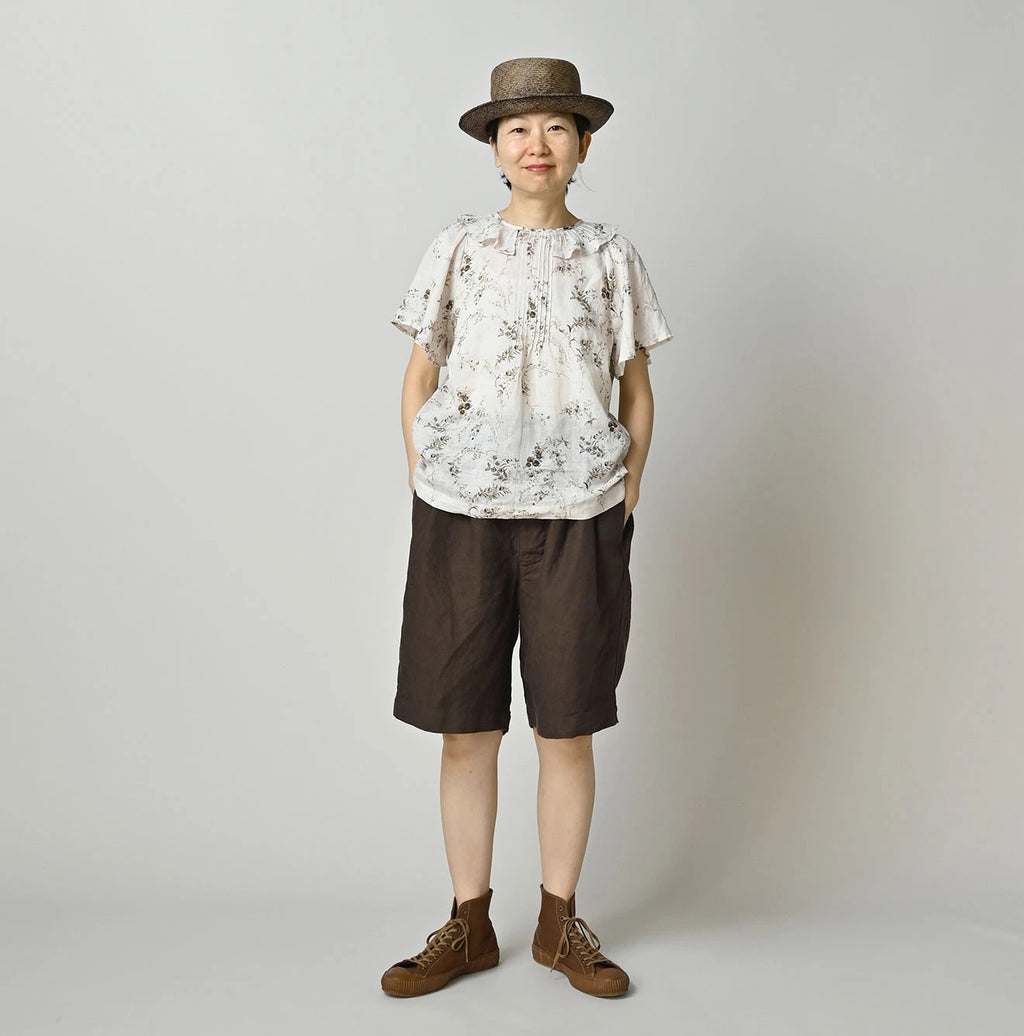 Linen Breezy Campanula Print Tuck Collar Blouse