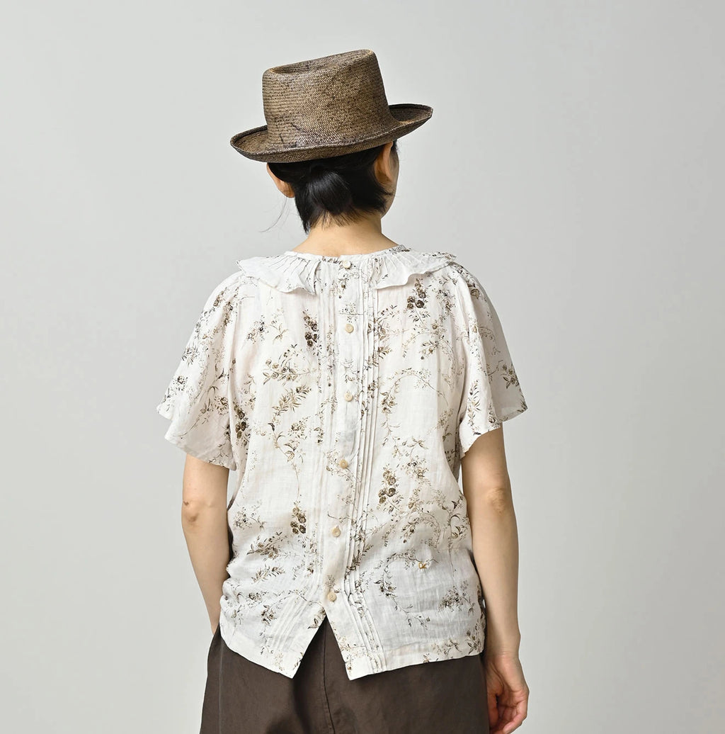 Linen Breezy Campanula Print Tuck Collar Blouse