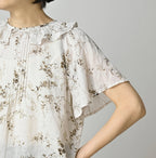 Linen Breezy Campanula Print Tuck Collar Blouse