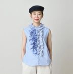 Broadcloth Mix Frill Sleeveless Top