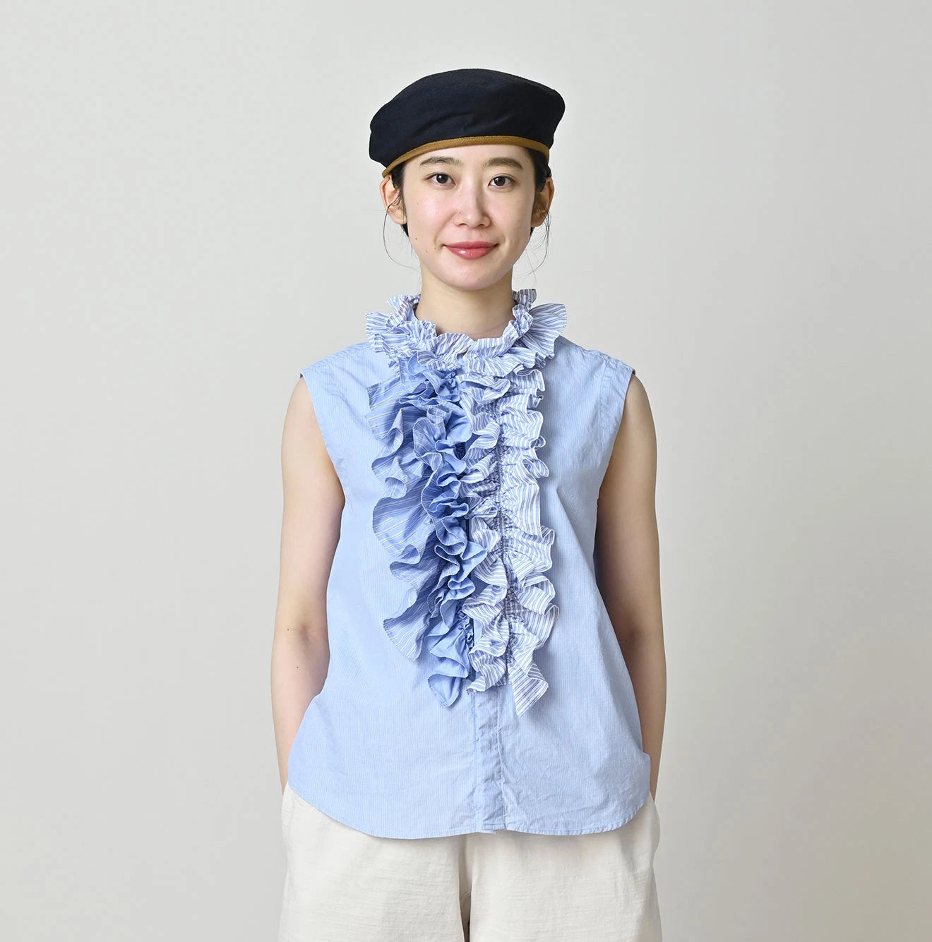 Broadcloth Mix Frill Sleeveless Top