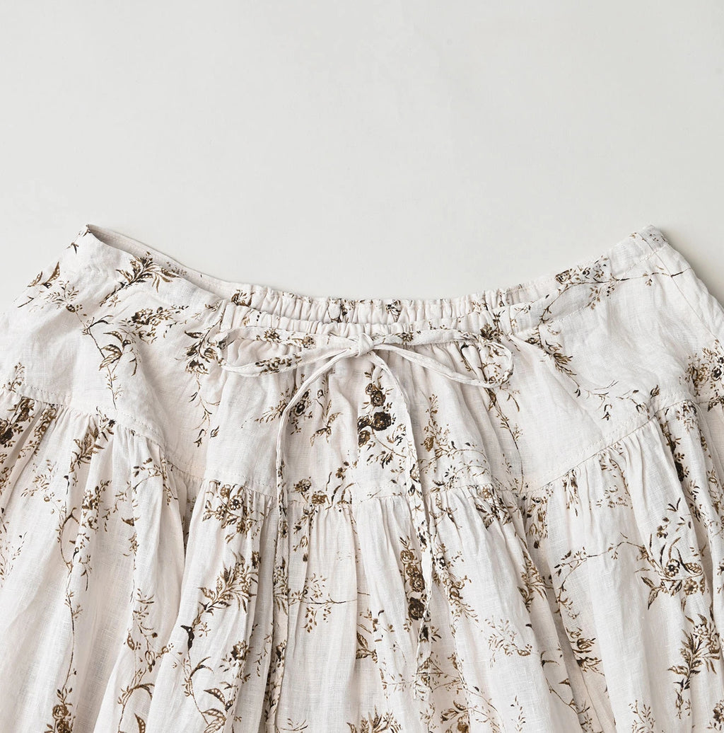 Linen Breezy Campanula Print Easy Gather Kushukushu Skirt