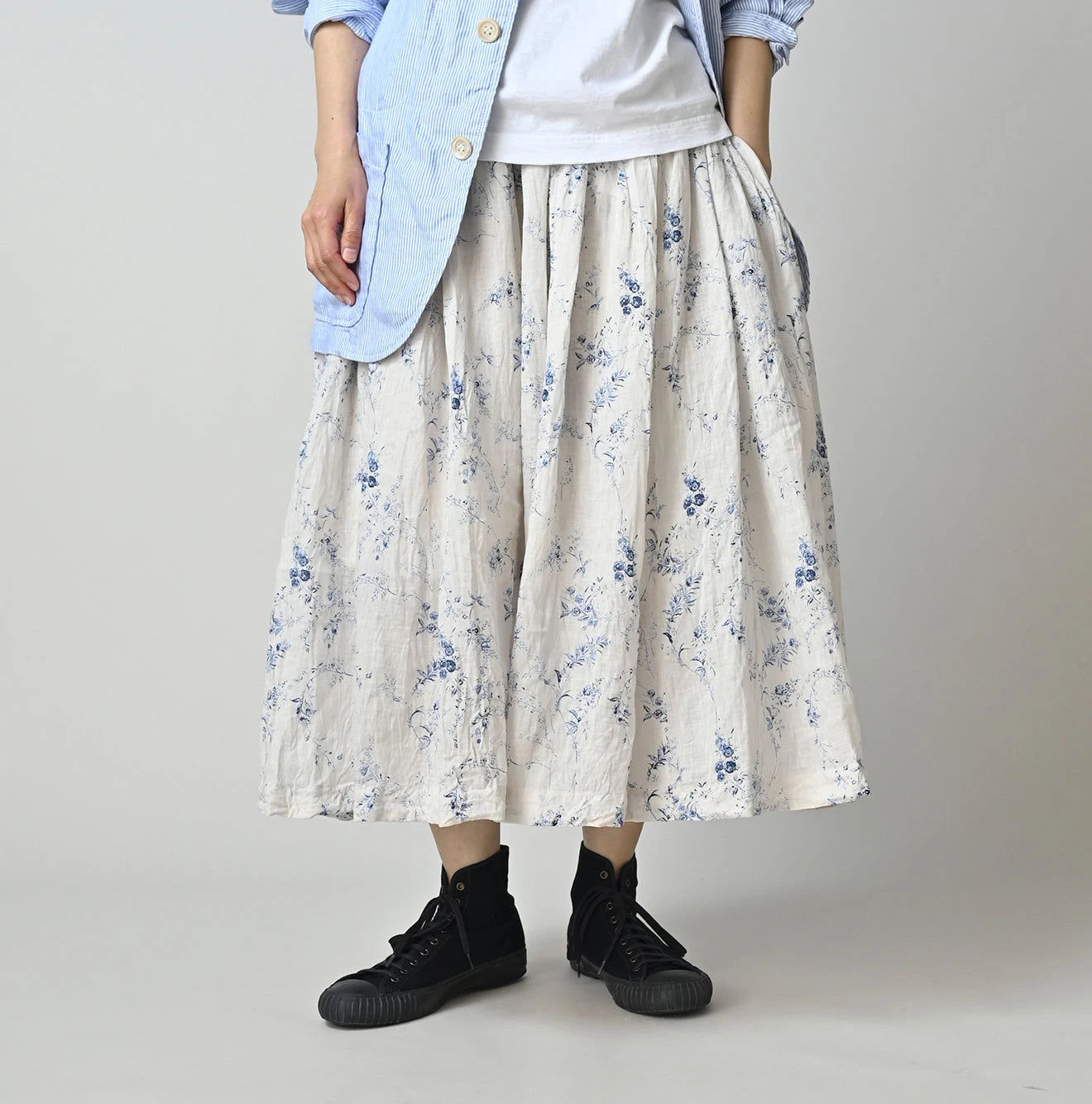 Linen Breezy Campanula Print Easy Gather Kushukushu Skirt