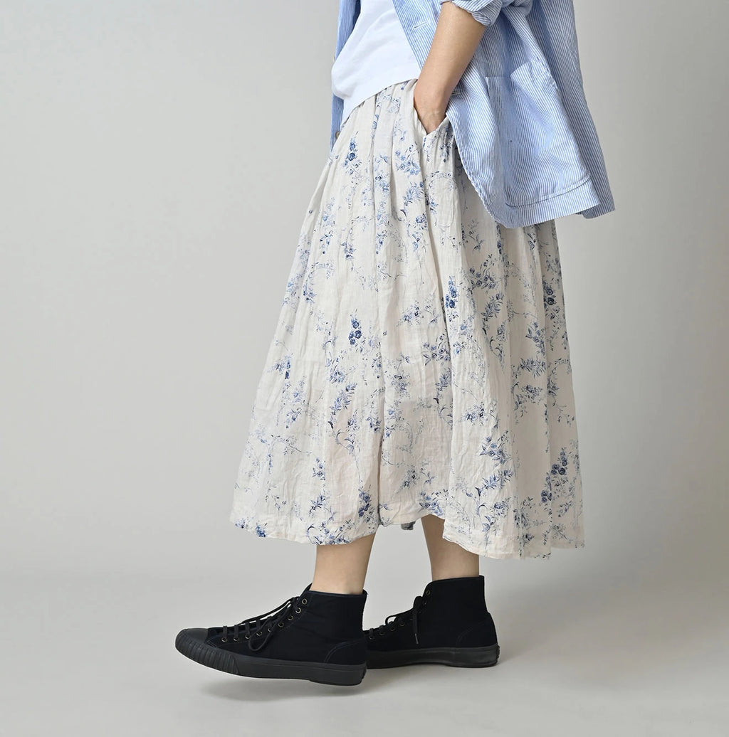 Linen Breezy Campanula Print Easy Gather Kushukushu Skirt