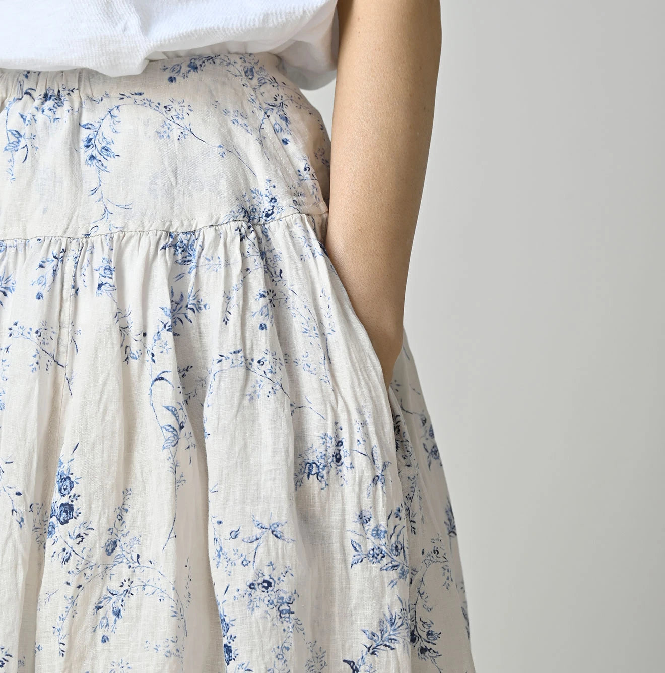 Linen Breezy Campanula Print Easy Gather Kushukushu Skirt