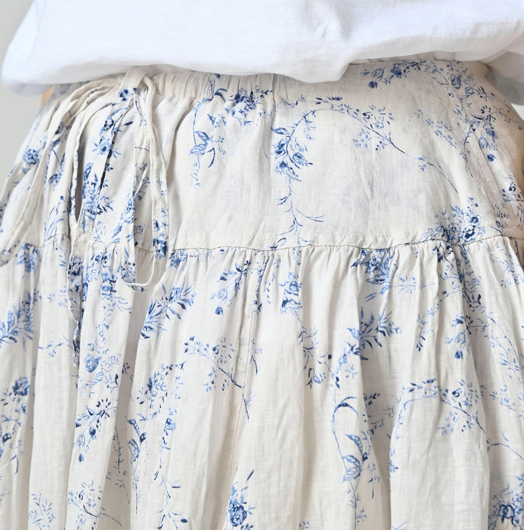 Linen Breezy Campanula Print Easy Gather Kushukushu Skirt