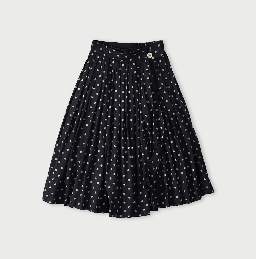 Indigo Gauze Polka Dots Print Tuck Wrap Skirt