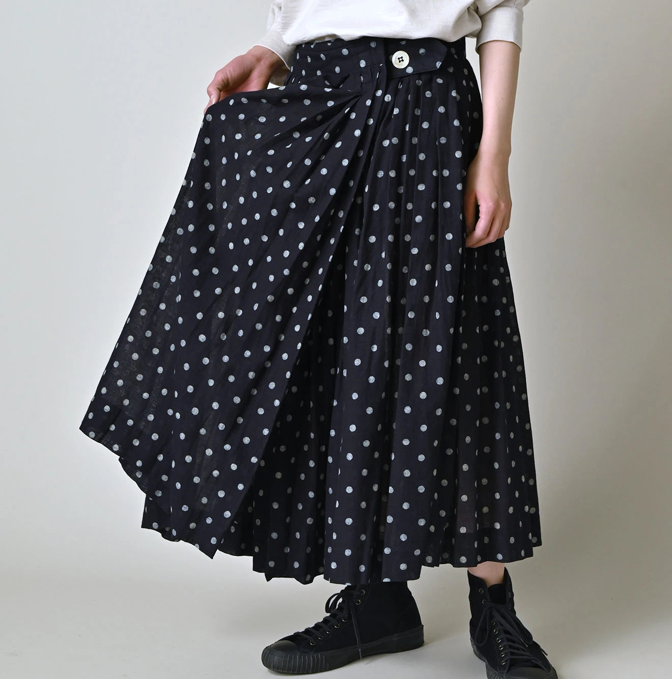 Indigo Gauze Polka Dots Print Tuck Wrap Skirt