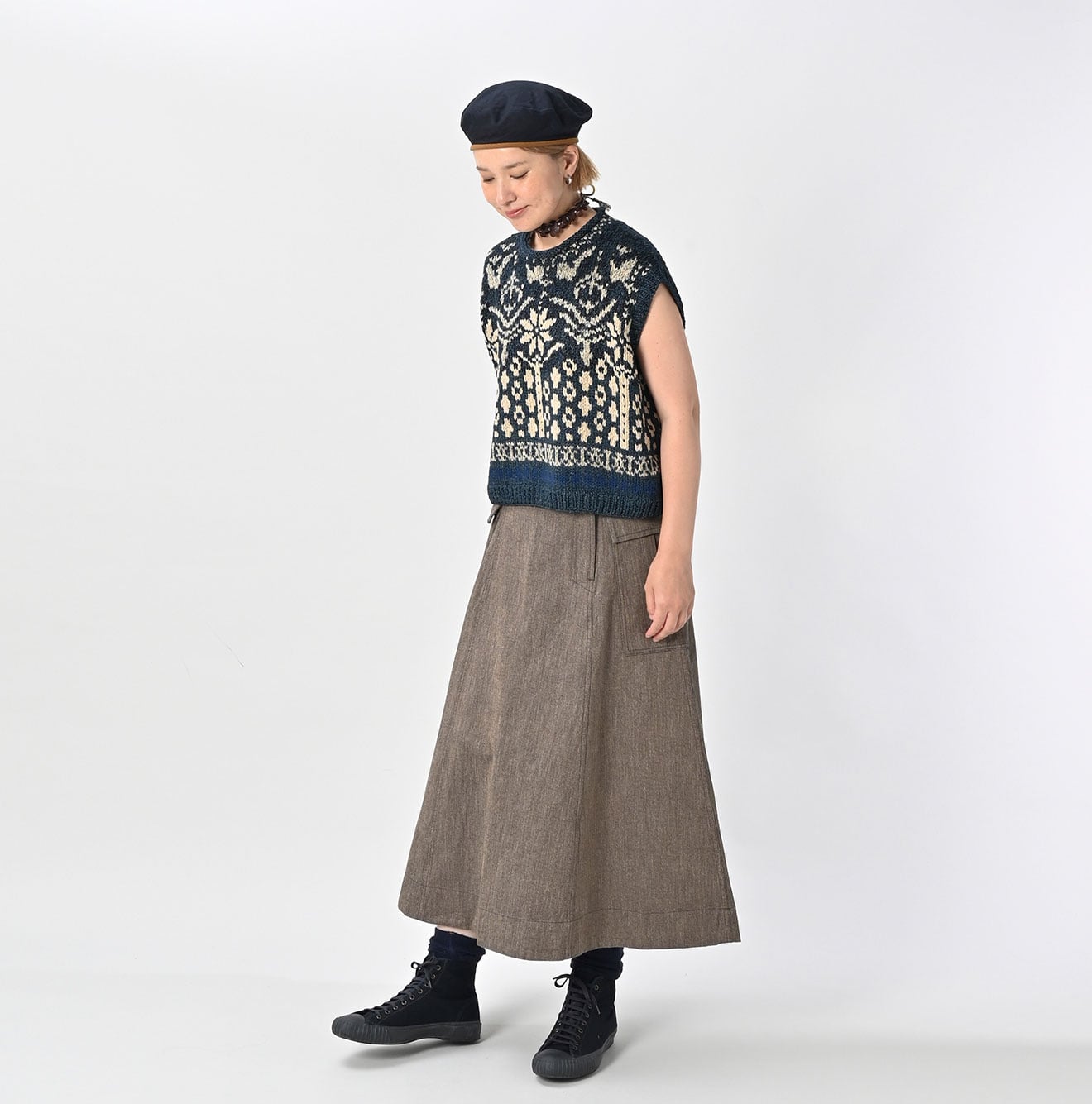 Indigo Mini Herringbone Cotton Tweed Work Flare Skirt Female Model