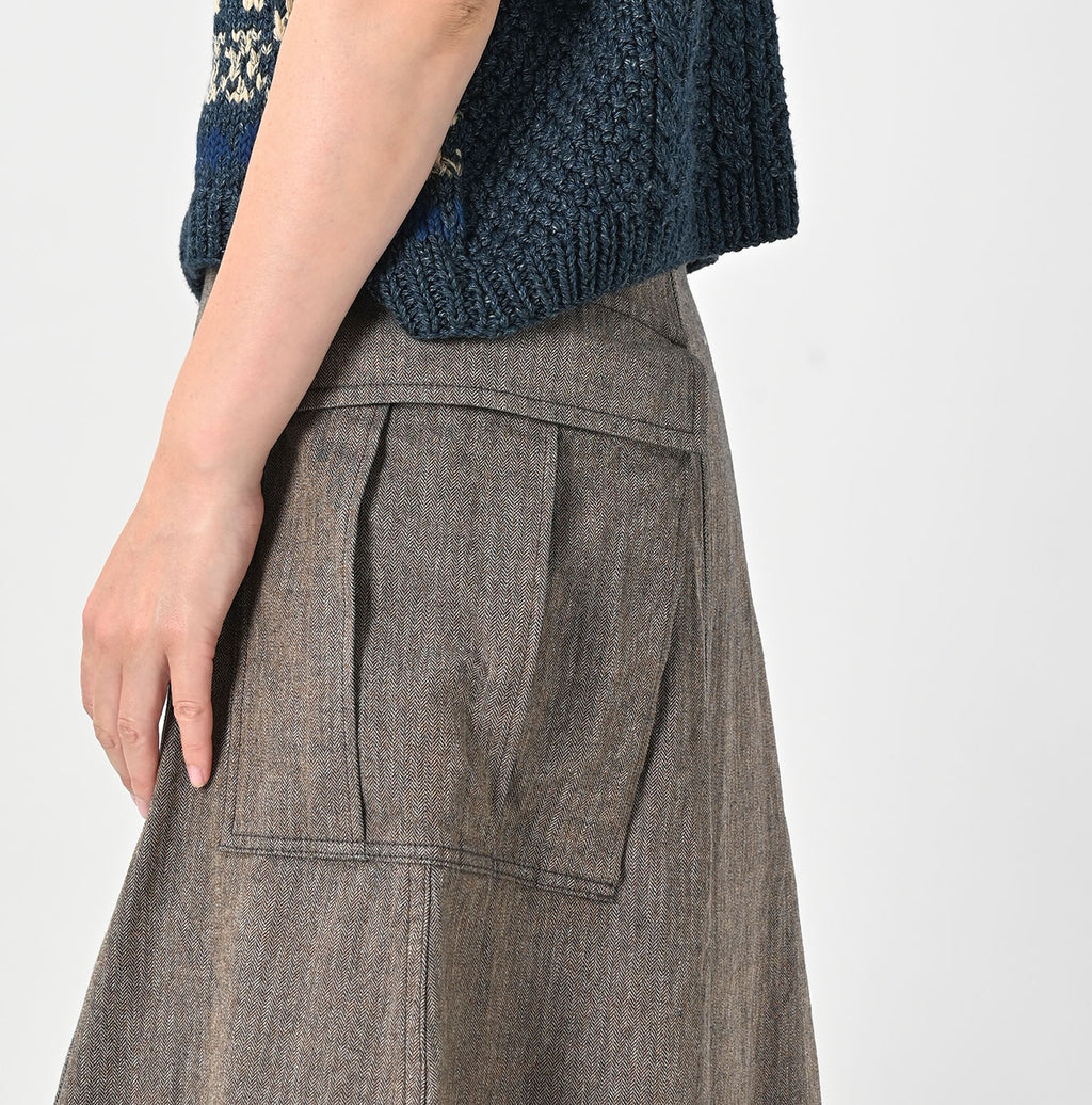 Indigo Mini Herringbone Cotton Tweed Work Flare Skirt Detail