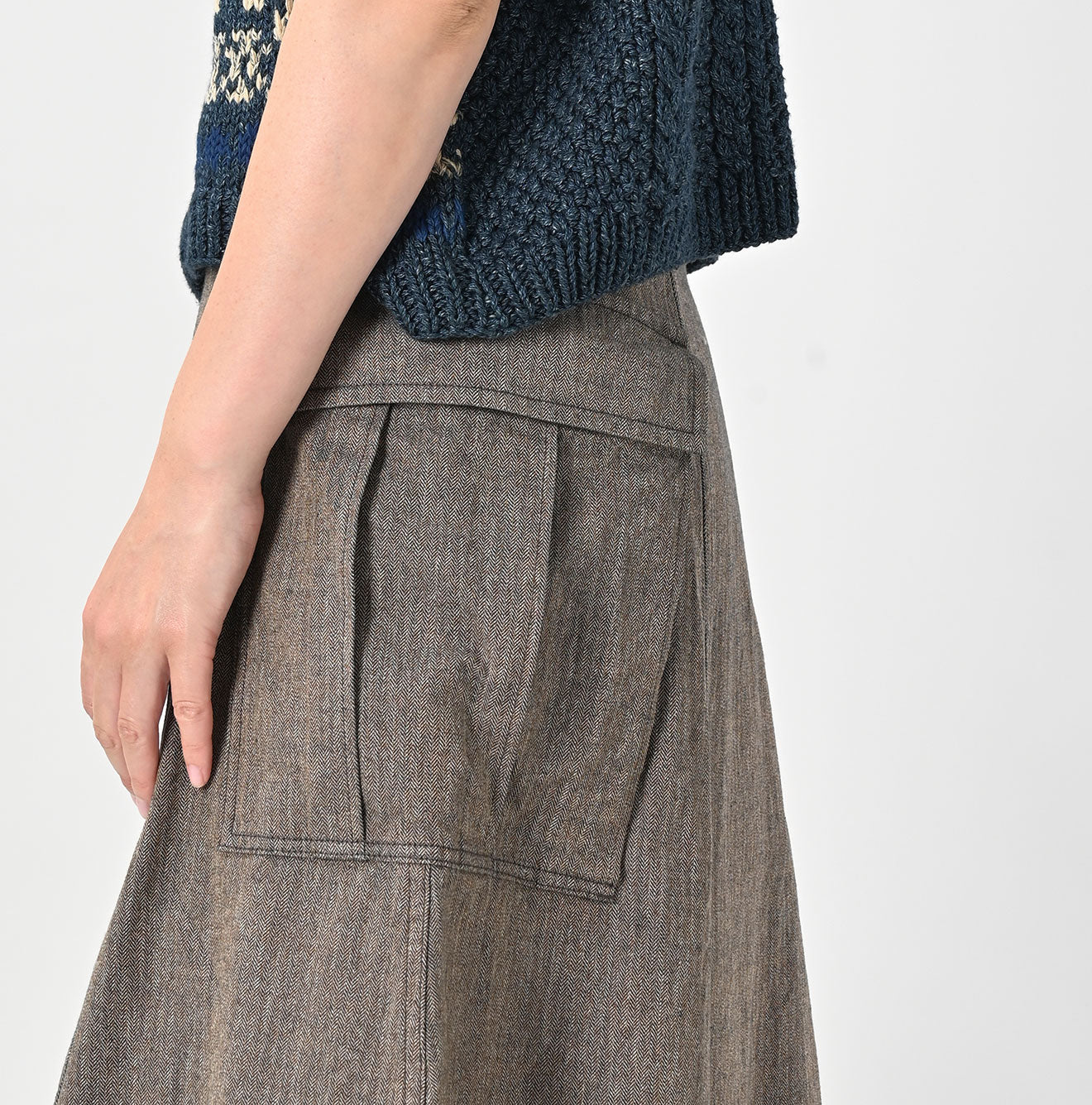 Indigo Mini Herringbone Cotton Tweed Work Flare Skirt Detail