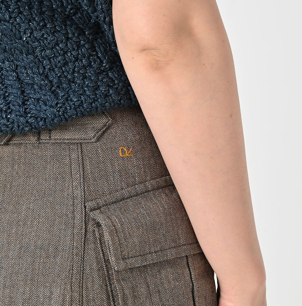 Indigo Mini Herringbone Cotton Tweed Work Flare Skirt Detail