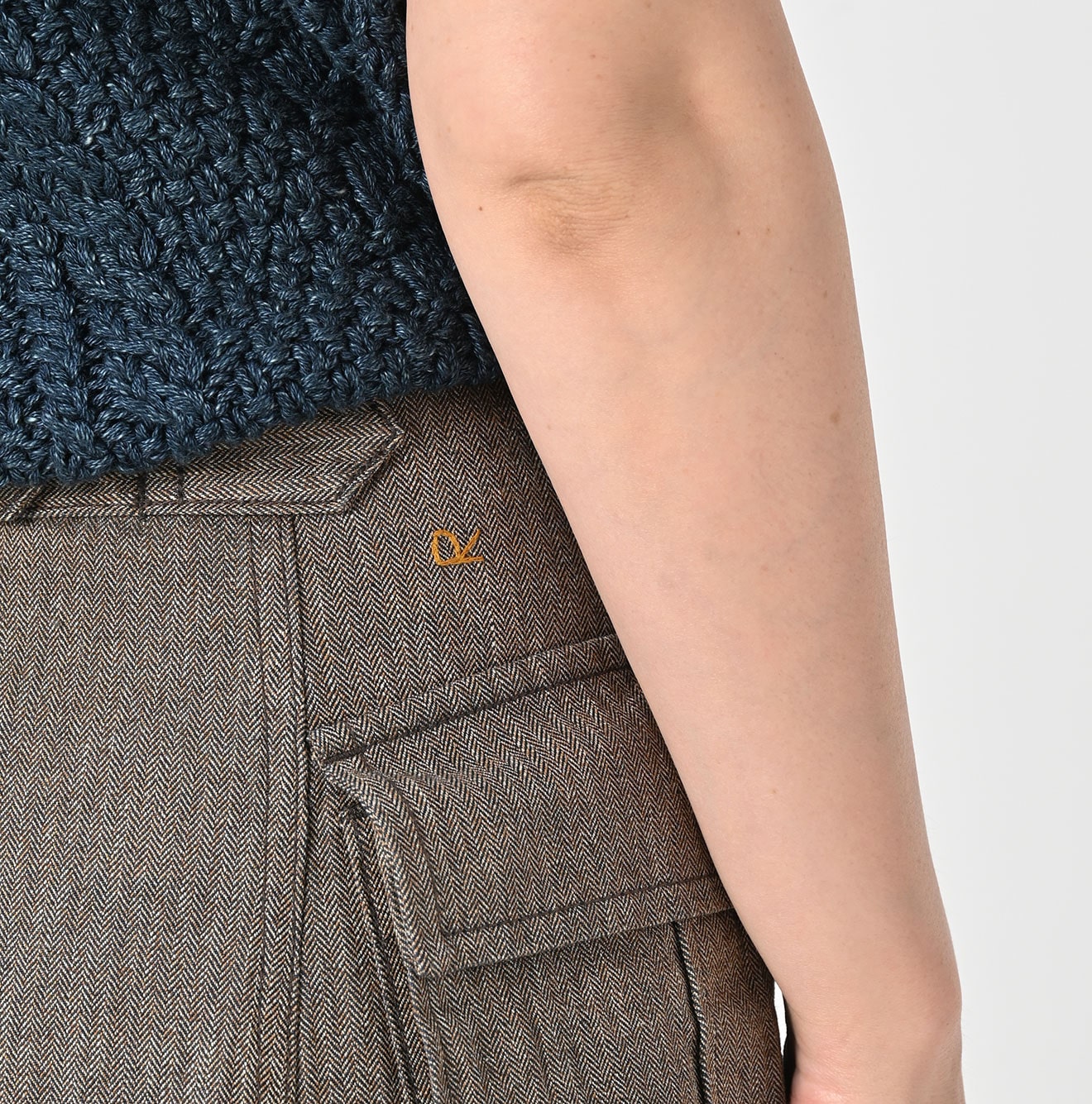Indigo Mini Herringbone Cotton Tweed Work Flare Skirt Detail