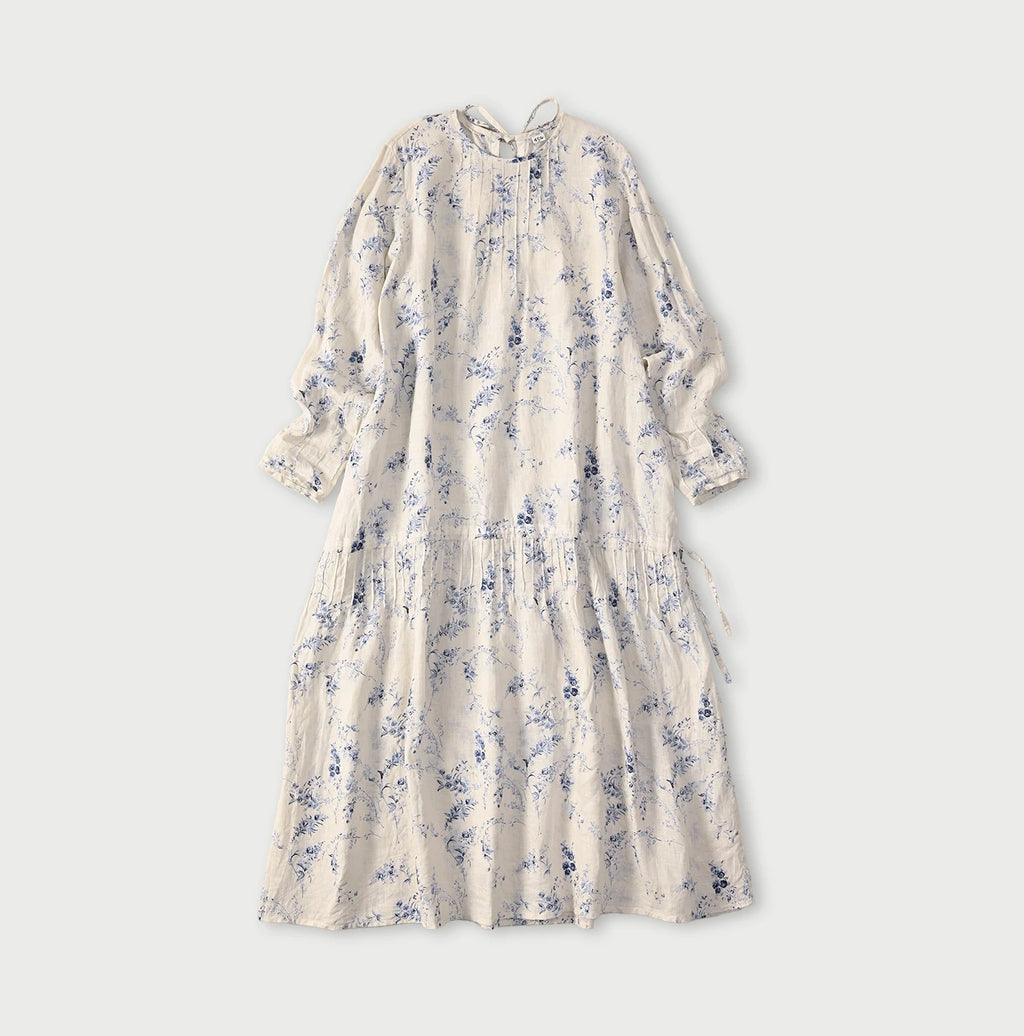 Linen Breezy Campanula Print Pintuck Dress