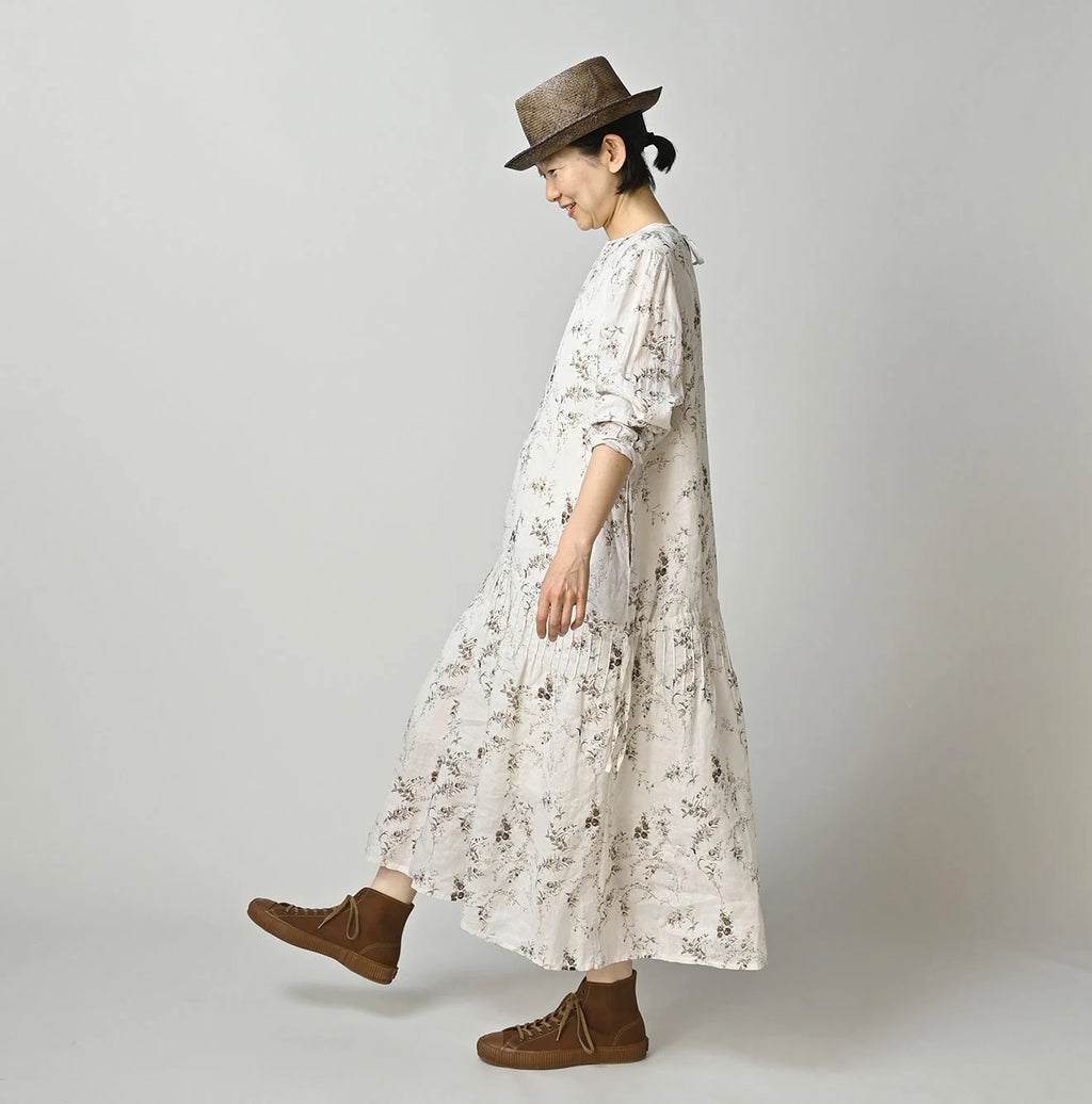 Linen Breezy Campanula Print Pintuck Dress