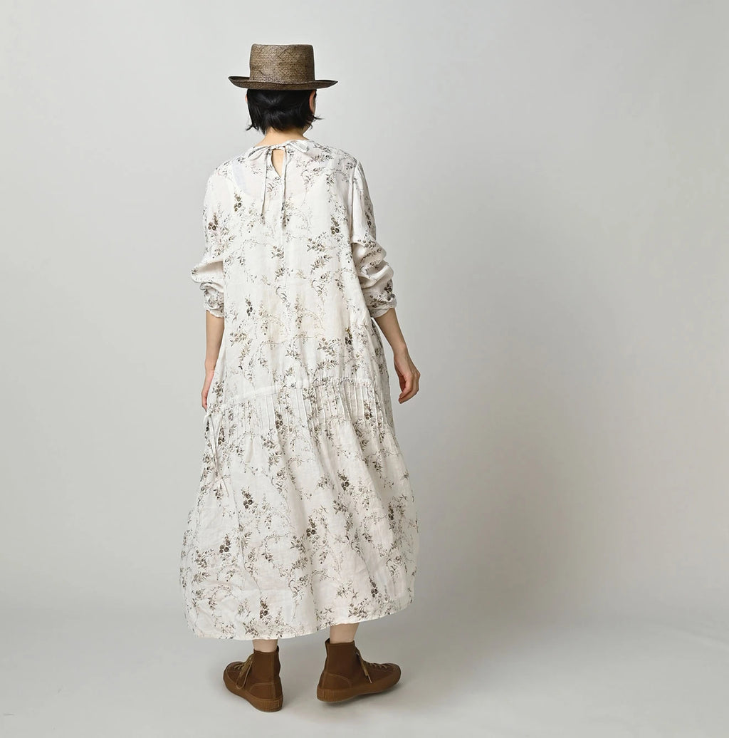 Linen Breezy Campanula Print Pintuck Dress