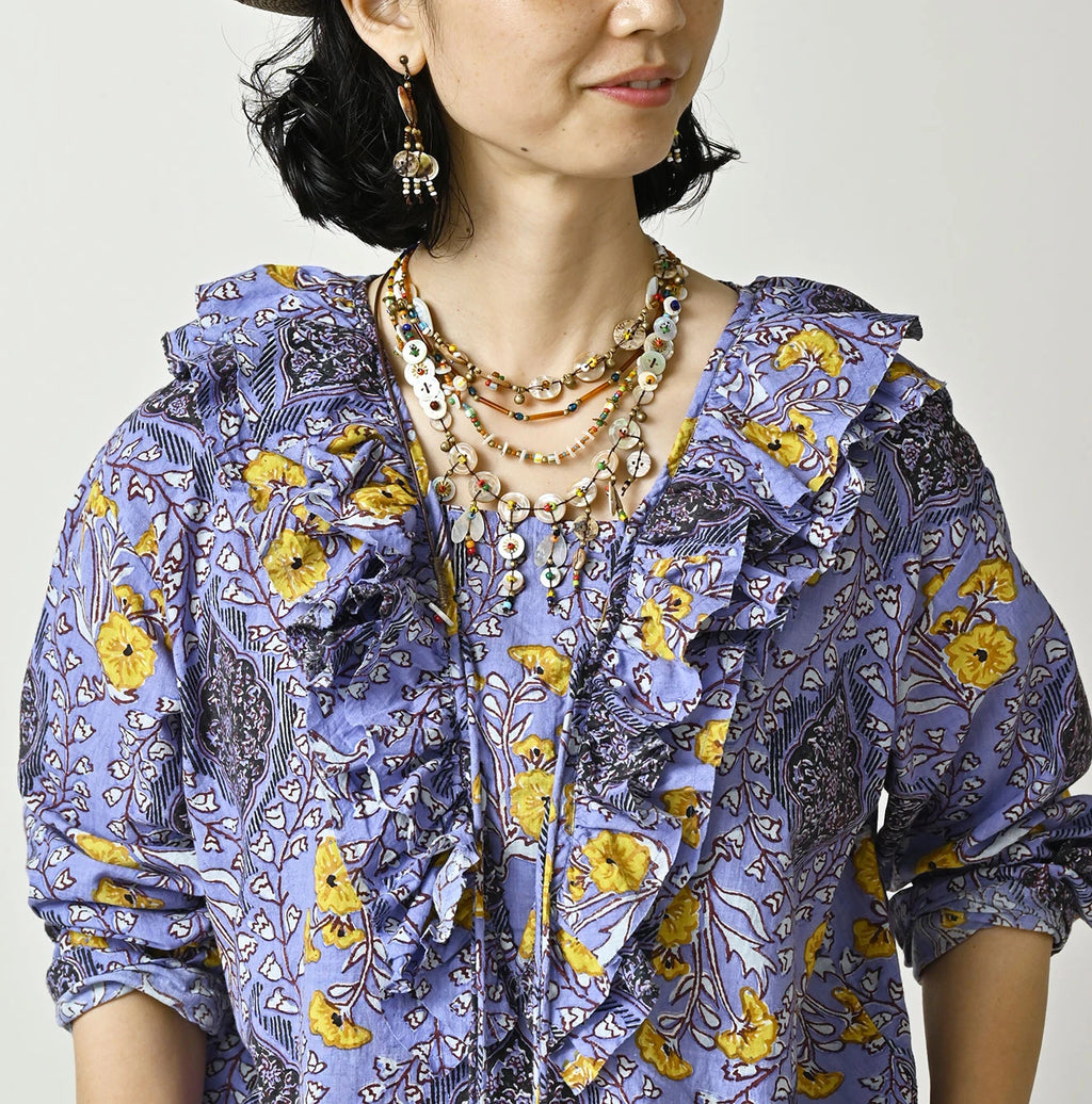 Indian Khadi Saffron Block Print Frill de T-shirt
